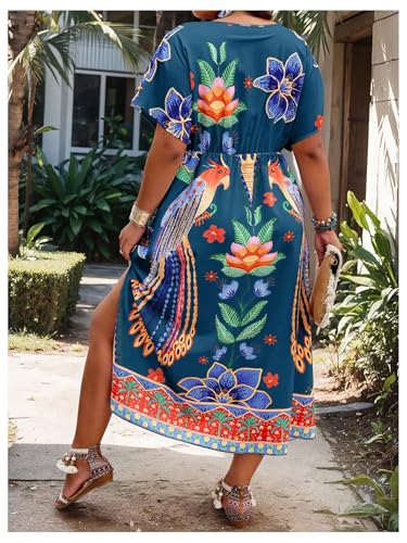Image of Floerns Women's Plus Size Tribal Print Dolman Sleeve Slit Summer Maxi A Line Dress