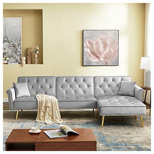 ViolaDresses Modern Velvet Upholstered Reversible Sectional Sofa Bed, L-Shaped Couch with Movable Ottoman and Nailhead Trim for Living Room. (Light Grey)
