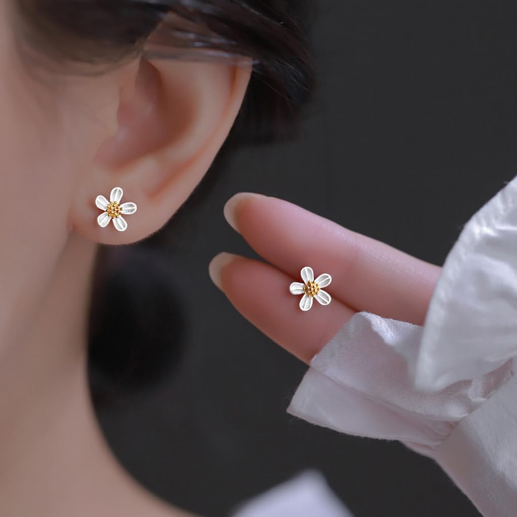 Silver Daisy Flower Tiny Stud Earring,Dainty Sunflower White Small Stud Earring,Cartilage Earlobe Piercing New Year Christmas Birthday Gift for Women - Image 2