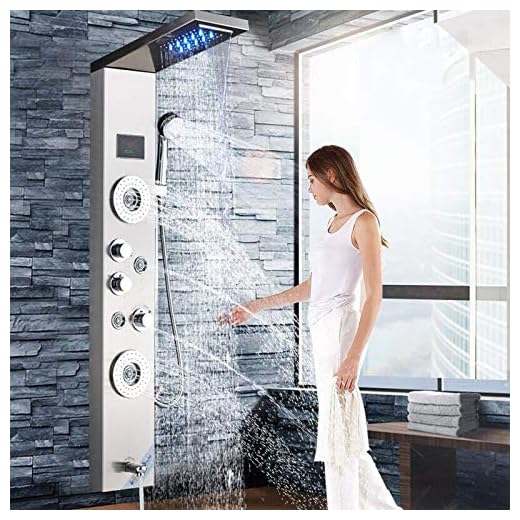Saeuwtowy Panel de ducha LED de 5 funciones, ducha de cascada, columna de ducha de hidromasaje, acero inoxidable, pantalla LCD multifunción, montada en la pared, níquel cepillado