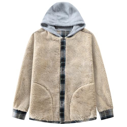 Image of Men's Cotton Plaid Shirt Jacket Fleece Flannel Sherpa Button Down
