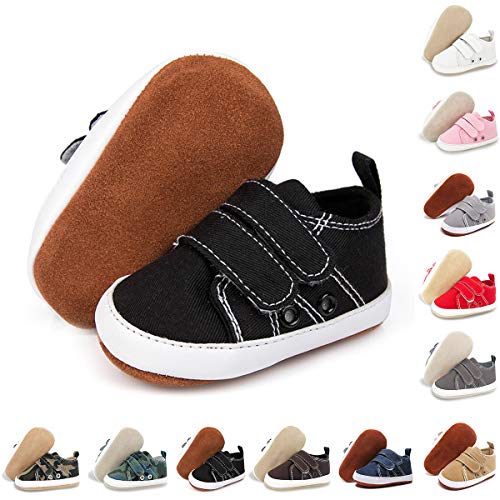 BENHERO Baby Boys Girls Shoes Infant Canvas Sneakers Soft Sole 100% Leather Anti-Slip Sole Hook and Loop Newborn Infant First Walkers Crib Shoes(12cm,6-12 Months Infant, A/Black)