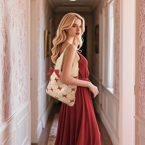 Image of JeVenis Pink Crochet Tote Coquette Bow Aesthetic Hobo Bag for Women Beach Mesh Knitted Shoulder Bag Boho Shoulder Handbag