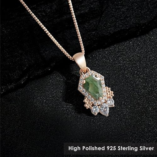 Coffin Cut Moss Agate Pendant Necklace for Women Girls Rose Gold Plated 925 Sterling Silver AAA CZ Diamond Green Gemstone Natural Moss Agate Coffin Jewelry4