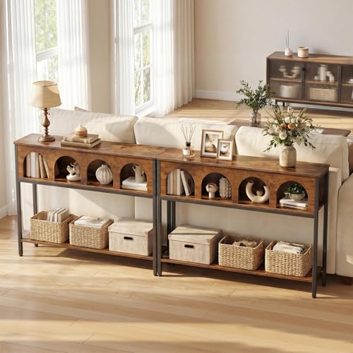 Image of HOOBRO Narrow Console Table, Entryway Table with 3-Tier Storage, Sofa Table, Behind Couch Table with Arched Design for Living Room, Entrance, Hallway, Rustic Brown and Black BF106XG01