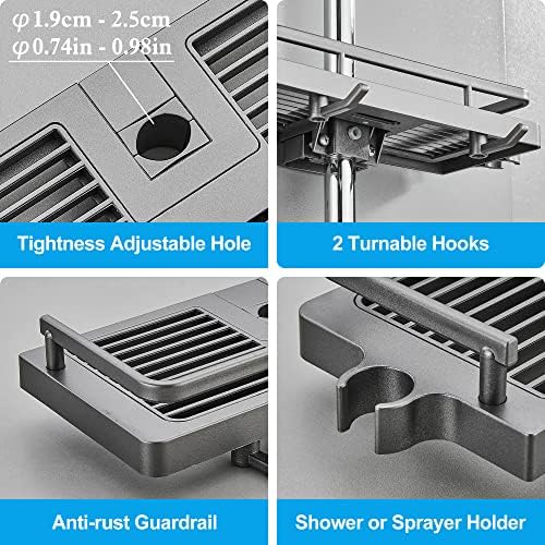 DUFU Bathroom Shower Shelf, Rustproof Shower Caddy Bathroom Storage, No Drill Organiser for Shampoo, Soap with Buckle and Shower Head Hook Suit 19-25mm Shower Rail, 2 Packs (Grey)
