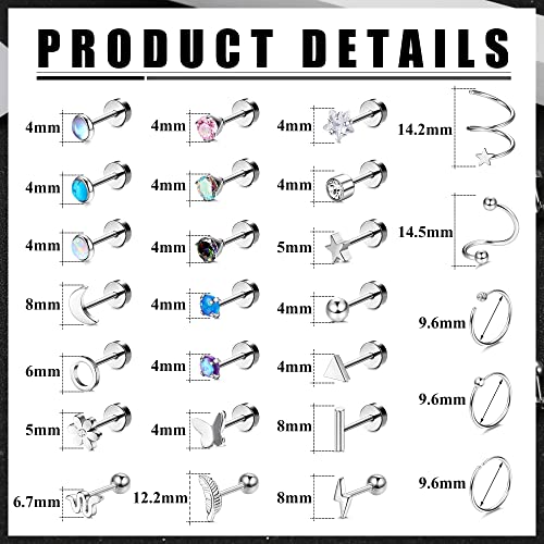 Dochais 25 Pairs Surgical Steel Stud Earrings for Women Multipack Cartilage Earring Opal Moonstone Turquoise Butterfly Flower Star Flat Back Earrings Silver3