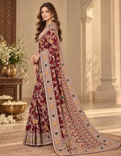 Image of Womens Banarasi Kanjivaram Art Silk Saree | Meenakari Floral Jaal Weave & Scalloped Border | Includes Unstitched Blouse Piece