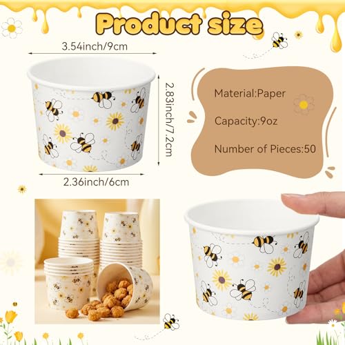 Image of Funnymoom 50 Pack Bee Ice Cream Cups 9 oz Bees Daisy Disposable Dessert Bowls Bee Paper Soup Bowls Snack Cups for Hot or Cold Food for Summer Baby Shower Birthday Party Supplies
