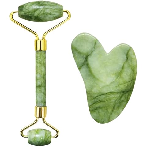 Gua Sha Stone and Facial Roller Gift Set, Natural Green Jadeite Roller and Gua Sha Set, Facial Massager Jade Facial Roller for Eye Blisters, Skin Firming, Face and Neck Rejuvenation (Green) Cover