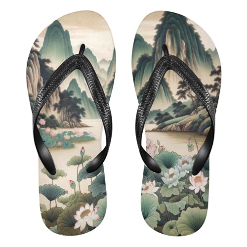 Burbuja Chinese Landscape Painting Flip Flops for Women Men, Soft Thong Sandals Rubber Slippers for Pool Beach Essentials