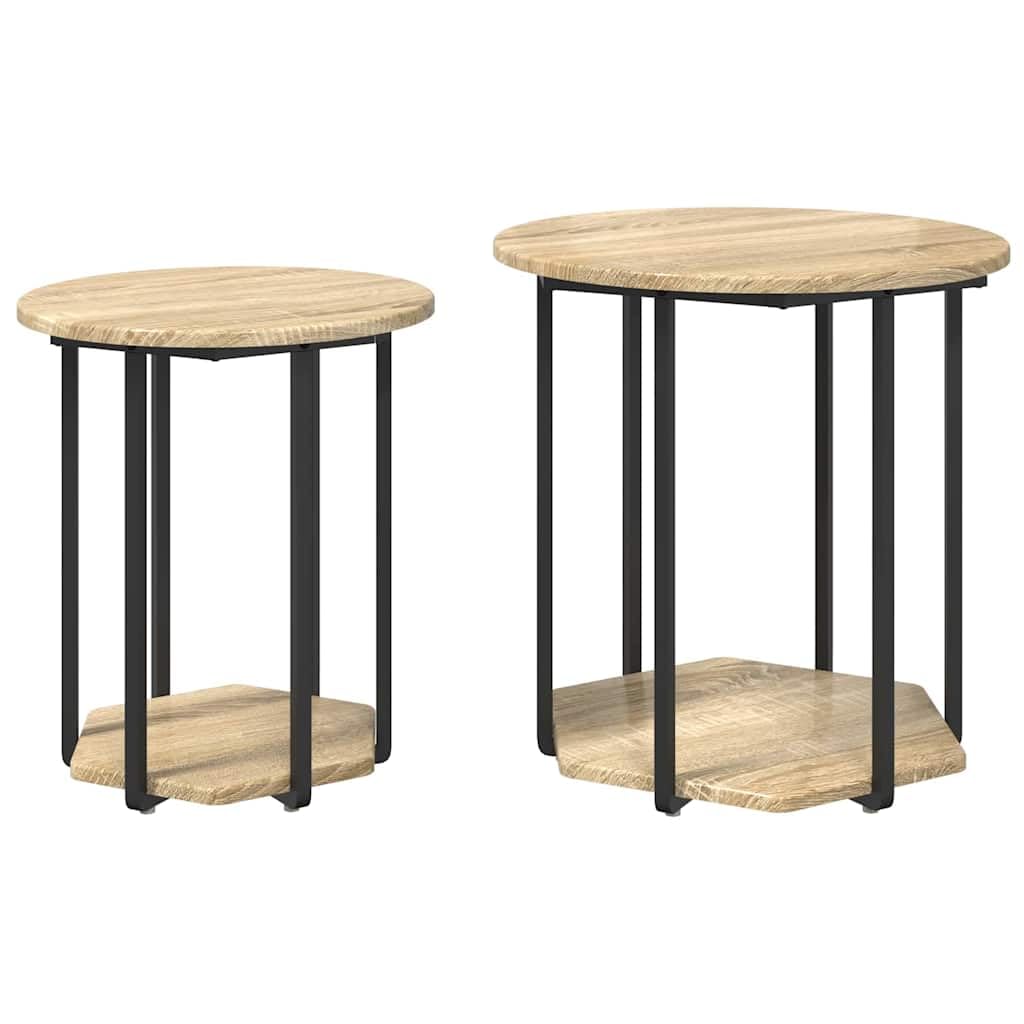 Juego de 2 mesas auxiliares de diseño industrial, juego de mesa de centro de madera y metal, mesa de salón con estante, mesa de café marrón, mesa auxiliar para sofá y sillón