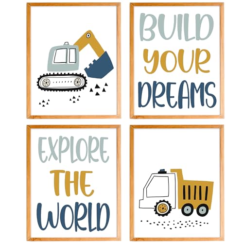 Image of BearCake Construction Decor for Boys Room, Cartoon Excavator Truck Wall Art Poster Prints, Construction Wall Decor for Toddler Boy Room Playroom Nursery Set of 4 8x10 Inches Unframed