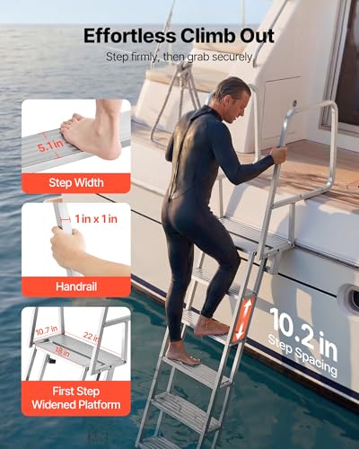 Image of VEVOR Flip-Up Dock Ladder, 6-Step, Heavy-Duty Aluminum Alloy Pontoon Boat Swim Ladder, with Non-Slip Wide Steps, 350 lbs Weight Capacity, Pull Rope Assist, Comfort Use for Lake Pool Marine Boarding