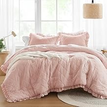 Comfort Spaces Twin Comforter Set - Ruffle Shabby Chic Comforter, Prewashed Microfiber, Fluffy All Season Twin Bedding, Sham, Country Cottage Decor, Blush 2 Piece