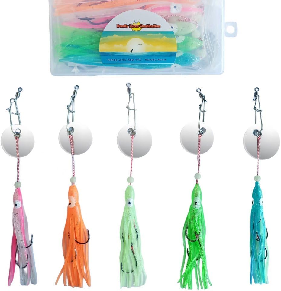 Saltwater Fishing Lures Freshwater Lures Kit 5 Squid Skirts Fishing Rigs w Double Hooks Weights Adjustable 1/2oz to 5oz Rockfish Cod Mahi-mahi King Salmon Tuna Muskie Big Bass Lures
