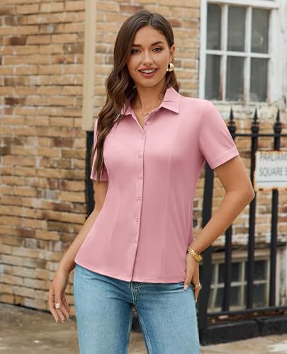 Image of Gleeivy Women's Slim Fit Button Down Shirt Stretch Short Sleeve Wrinkle-Free Work Blouse for Business Casual Office
