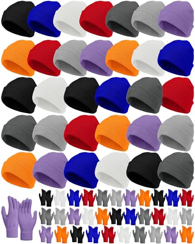 Image of JaGely 64 Pcs Kids Hats and Gloves Bulk Winter Beanies Hat Gloves for Toddler Boys Girls School Donation Wholesale