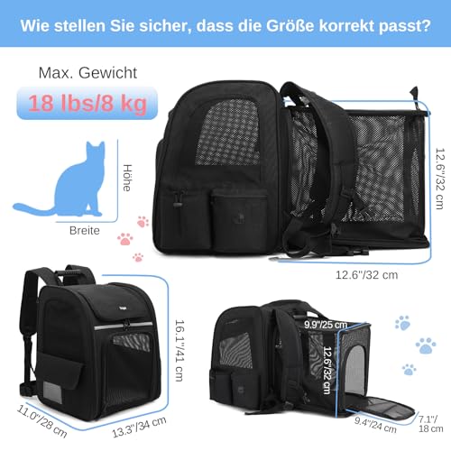 Dogat Erweiterbar Katzenrucksack mit Netzfenster, Tragbare und Faltbare Haustier Rucksack mit Innerer Sicherheitsleine und Haustierunterlage für Katzen Hunde bis 17 lbs (8 kg) Wandern, Walken(Schwarz)