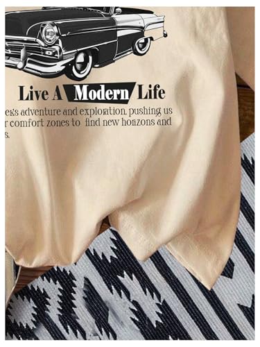 Image of RoseSeek Women's Graphic Letter Tee Crew Neck Drop Shoulder Trendy Summer T Shirt Short Sleeve Vintage Car Print Top