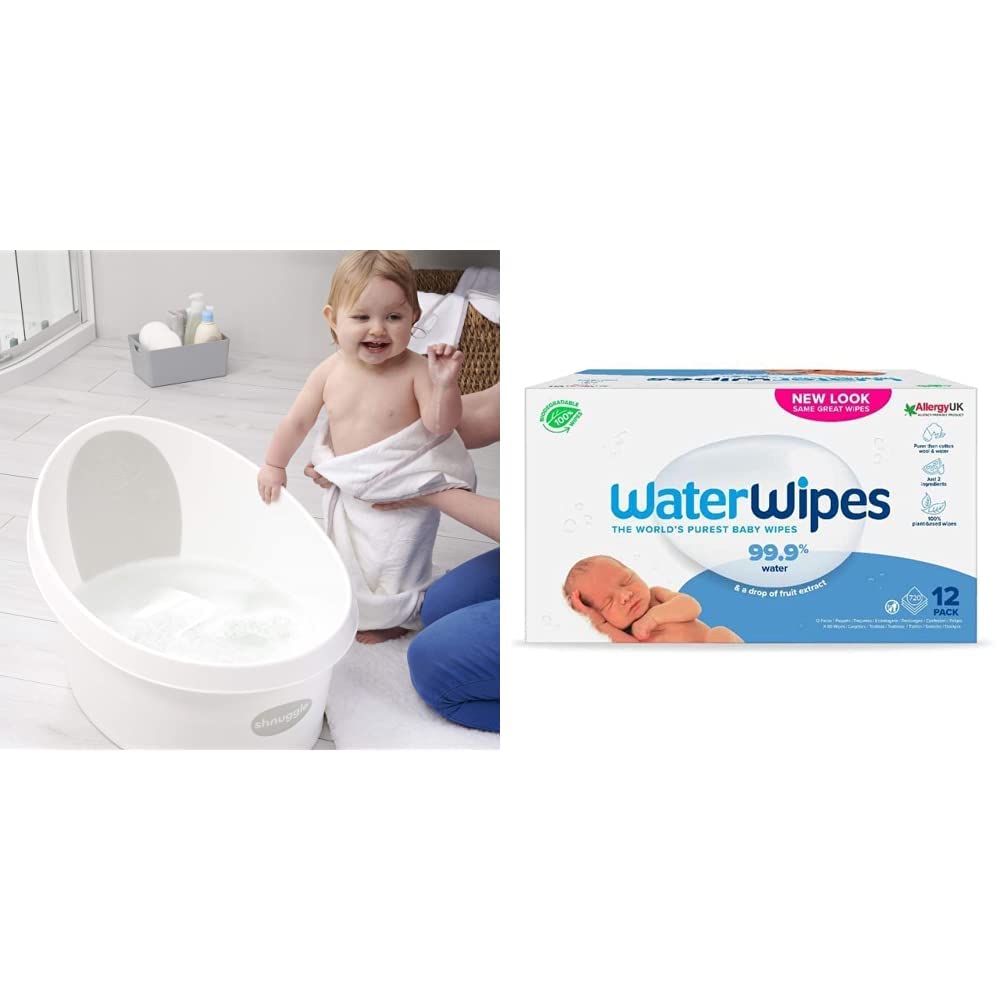 ShnuggleToddler Bath - White with Light Grey Backrest & WaterWipes Original Plastic Free Baby Wipes, 720 Count (12 packs), 99.9% Water Based Wet Wipes & Unscented for Sensitive Skin