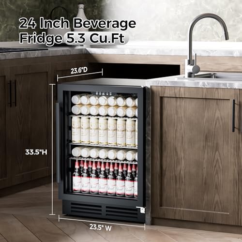 Image of Coolake 24 Inch Wide Under Counter Beverage Refrigerator, 180 Can Capacity Beverage Cooler with Glass Door, Built in or Freestanding, Drink Fridge for Basement, Kitchen, Office