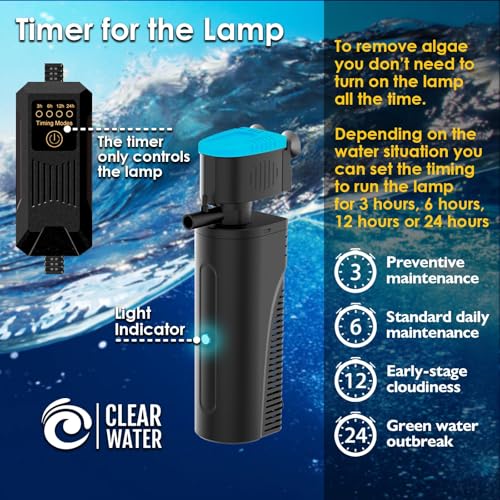 Image of Aquarium Filter | U-V Fish Tank Filter for Green Water Cleaning | U-V Clarifier with Timer | Aeration & Rainfall Mode | Turtle Tank Filter | Submersible Pump with Filter | for 20-70 Gallons