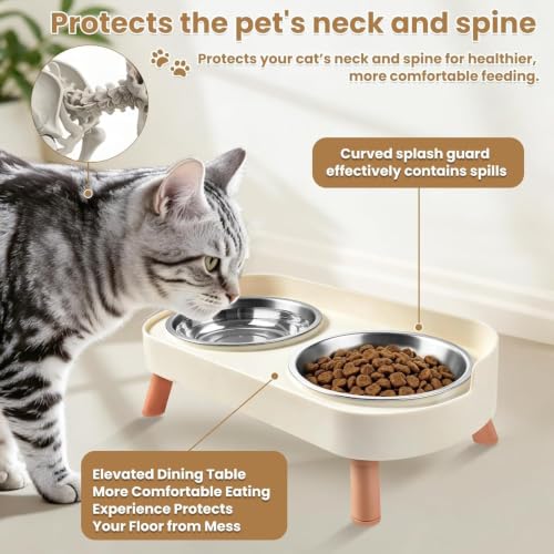 Image of Elevated Cat Feeder Bowl, Anti-Choking Raised Cat Food and Water Bowl with Wooden Stand, Pet Feeding and Drinking Supplies for Small and Medium Sized Dogs (Cat Bowls-White)