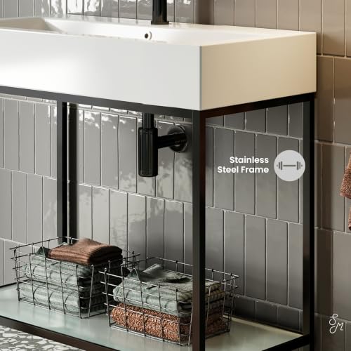 Image of Swiss Madison Pierre 32 inch Open Shelf Black Frame Freestanding Bathroom Vanity with Sink Top