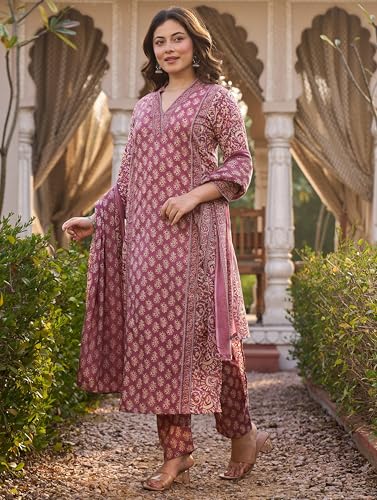 Image of Arayna Women's Cotton Printed Kurta Set with Pants & Dupatta | Elegant Ethnic Wear for Women | Floral Print | Comfortable Suit Set