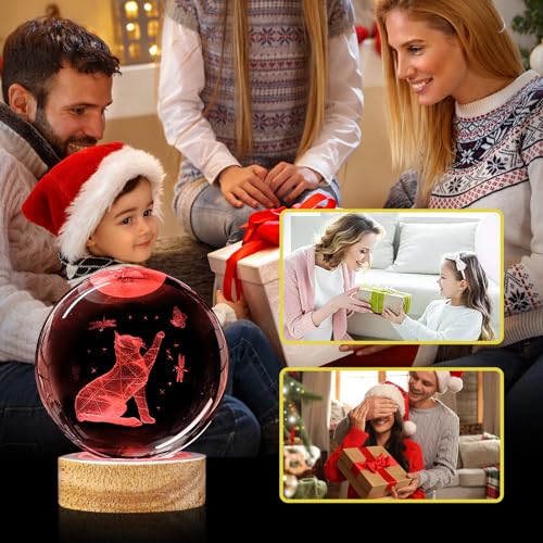 Image of 3D Cat Crystal Ball Night Light with Woodern Base, 3.15 inch Cat Figurines Glass Lamp with 16 Colors Cat Snow Globes Cool Desk Decor Cat Gifts for Women Girl Cat Lovers Kids Friends