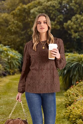 Image of OFEEFAN Blouses for Women Dressy Casual Spring Tops 2026 Summer Outfits Flower Lace Crochet Long Sleeve Shirts