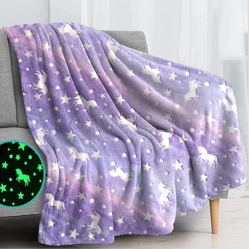 Image of Glow in The Dark Unicorn Blanket for Girls - Super Soft Purple Plush Fleece Throw with Stars and Unicorns - Magical Luminous Gift for Kids, Toddlers, and Teens - 80 inch x 60 inch (Purple)
