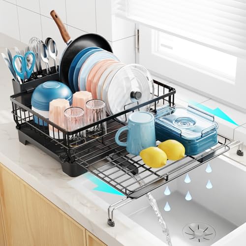 iSPECLE Dish Drainer Rack with Drainboard - Expandable 2-in-1 Dish Drying Rack with Drain Spout, Rust-Resistant Sink Drainer Rack with Pan Slots and Cutlery Holder for Worktop and Sink, Black