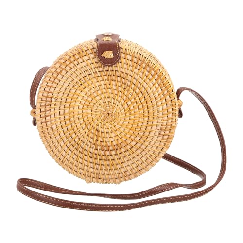 uxcell Round Rattan Bag for Women, Handmade Straw Crossbody Bags, Summer Purses with Brown Lining, Circle Shoulder Bag, Coffee