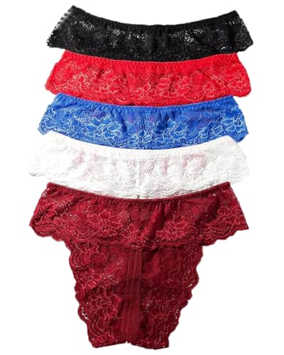 Justgoo Womens Sexy Thongs Lace Panties Underwear Low Rise Plus Size Underpants Pack of 5