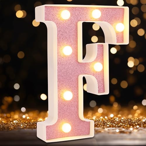 Image of Small Led Marquee Letters, Light Up Letters, 8.58 Inch Led Letter Lights, Battery Powered Lighted Sign for Table, Party, Birthday, Christmas Decor (Pink Glitter, Letter F)