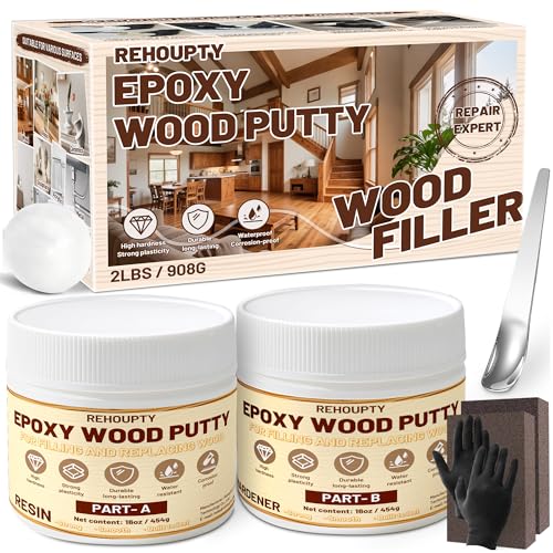 Epoxy Wood Putty Filler Kit, High Capacity Strength Wood Epoxy & Repair Kit - Stainable Paintable 32oz 2-Part Putty Filler, Woodon Filler Interior & Exterior Furniture Repair Set for Damages (White)