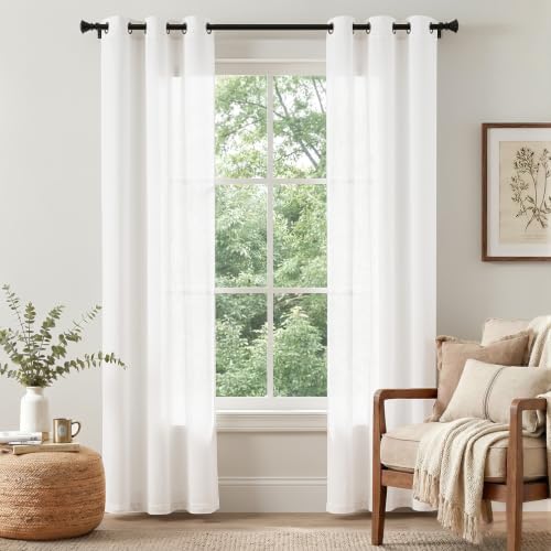 Image of jinchan Linen White Curtains 84 Inch Long for Living Room Bedroom Farmhouse Grommet Top Light Filtering Window Drapes 38x84 Off White 2 Panels