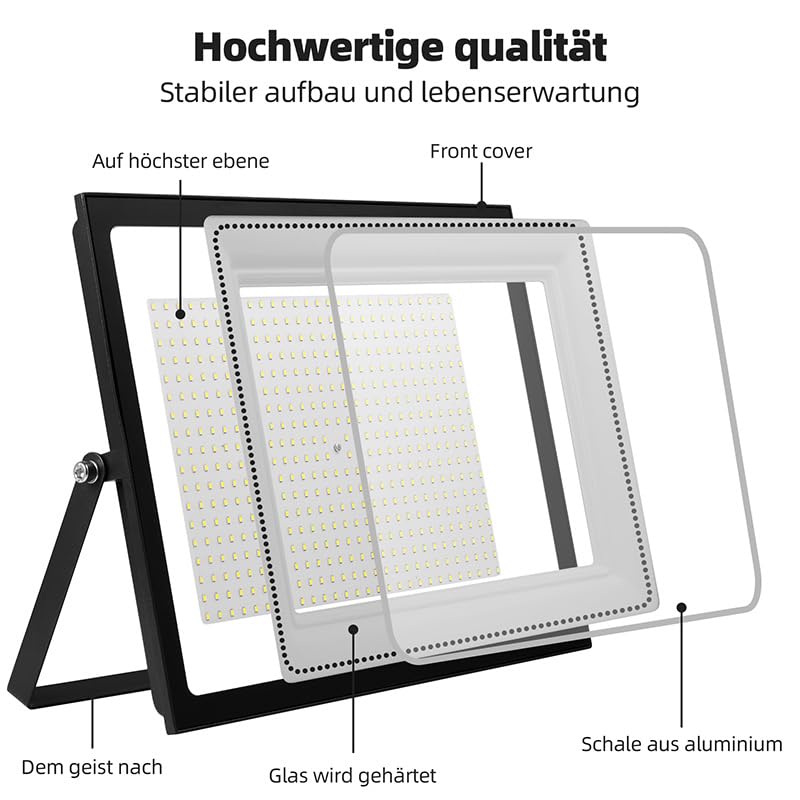 500W LED Strahler Außen, 50000LM Superhelle Außenstrahler LED, 6500K Tageslichtweißer Scheinwerfer, IP66 Wasserdichte Ultradünne Aussenstrahler für Garten, Hinterhof, Hof, Garage