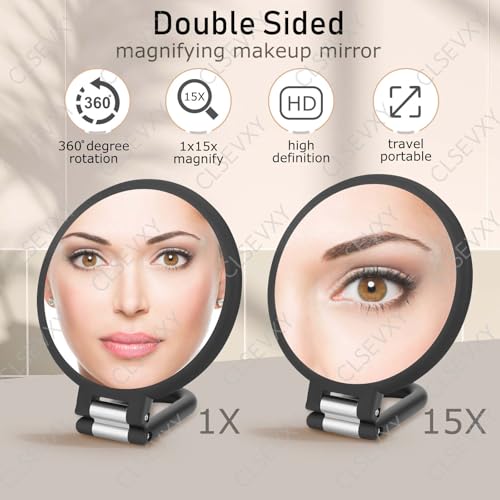 Image of CLSEVXY Magnifying Handheld Mirror Double Sided, 1X 15X Magnification Hand Mirrors, Travel Folding Hand Held Mirror, 360Rotation Pedestal Makeup Vanity Mirror