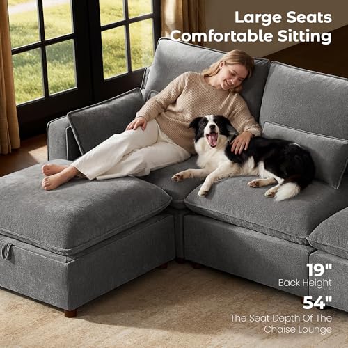 Image of WorthFurni Modern Modular Sectional Sofa,134 inch U Shape Sectional Cloud Couch with Storage Ottoman,Comfty 6 Seat Sofa for Living Room,Grey Chenille