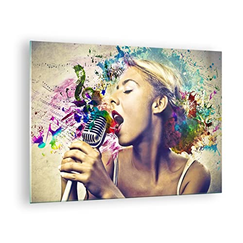 ARTTOR Cuadros sobre vidrio Mujer Música 3D Micrófono 70x50cm Cuadro de cristal Impresiones sobre...
