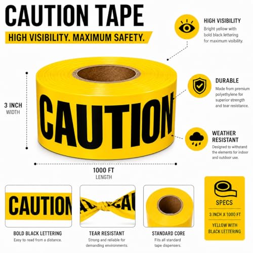 Image of ATERET Premium Yellow Caution Tape 2-Pack 3 inch x 1000 feet, Hazard Safety Tape, Construction Tape for Danger /Hazardous Area, Ideal Use for Halloween Decorations, Party, Work-Site