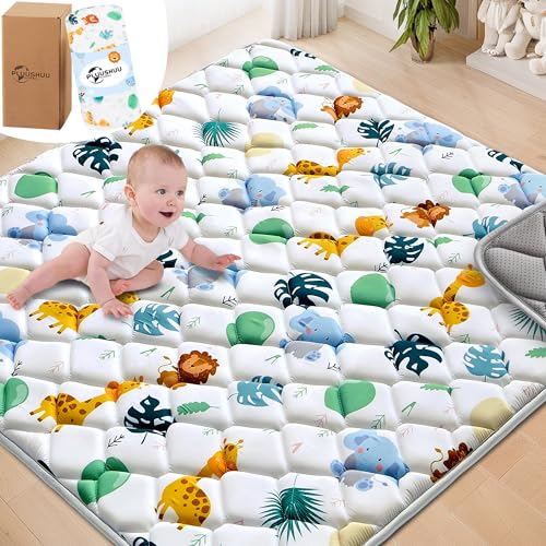 Image of Baby Play Mats for Floor, Playpen Mat for Babies, Extra Thicker & Soft Floor Crawling Mat, Foldable Non-Slip Playmat Cushioned for Infants Toddlers (White-Green, 50x50 Inch)