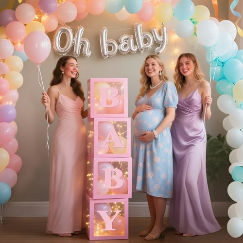 Image of Ledido Baby Boxes with Letters for Baby Shower Decoration, 4 pcs Clear Baby Balloon Boxes Blocks with LED Fairy String Lights 38 Balloons for Boy Girl Gender Reveal Birthday Party (Pink)