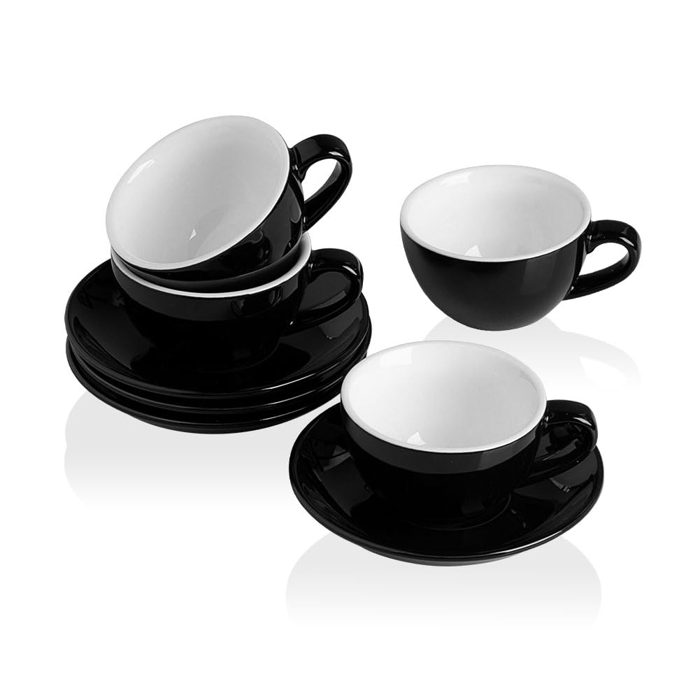 Sweejar Home Ceramic Cappuccino Cups Set, 120ml Espresso Cups, Porcelain Cup & Saucer Set, Tea Cup Set for Specialty Coffee Drinks, Latte, Americano, Set of 4 (Black)