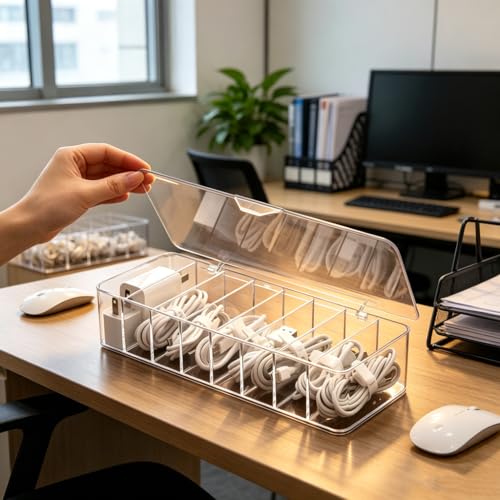 Image of 4Pcs cord organizer box with Lid, 10.2 x 3.5 x 2.2in, Desktop Cord Organizer with Compartments (4)