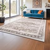 Hazo Haus Washable Neutral Farmhouse Living Room Rug, 5x8 Area Rugs for Bedroom Under Bed, Nursery Room, Boho Vintage Floral Non-Slip Rug Low Pile Stain Resistant (5x8 Beige/Latte)