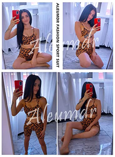 Aleumdr Women's Leopard Print Workout Sets 2 Piece Seamless Slim Fit Yoga Clothing Outfits Set Leopard Small 4 6